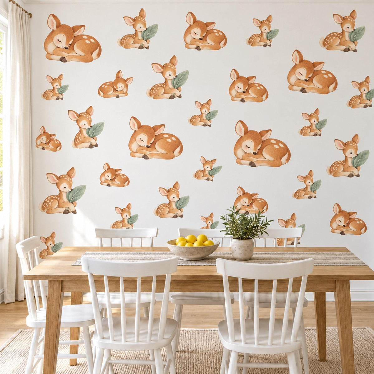 Deer Wall Stickers, Baby Fawn Woodland Nursery Decor, Sleeping Deer Wall Decals, Caramel Sage Neutral Kids Room Peel and Stick Wall Art