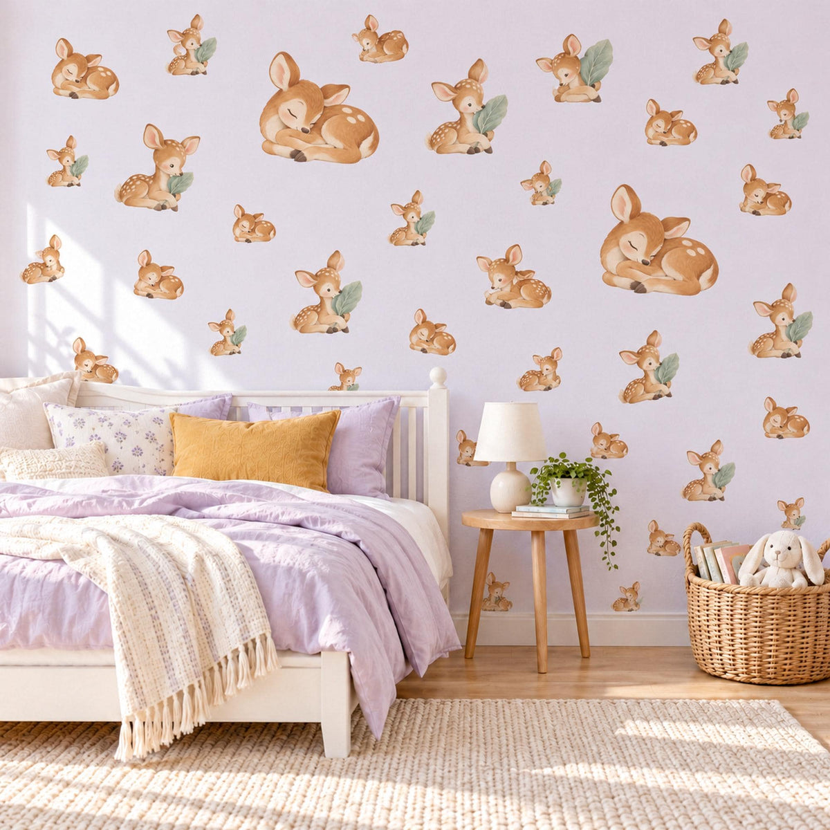 Deer Wall Stickers, Baby Fawn Woodland Nursery Decor, Sleeping Deer Wall Decals, Caramel Sage Neutral Kids Room Peel and Stick Wall Art