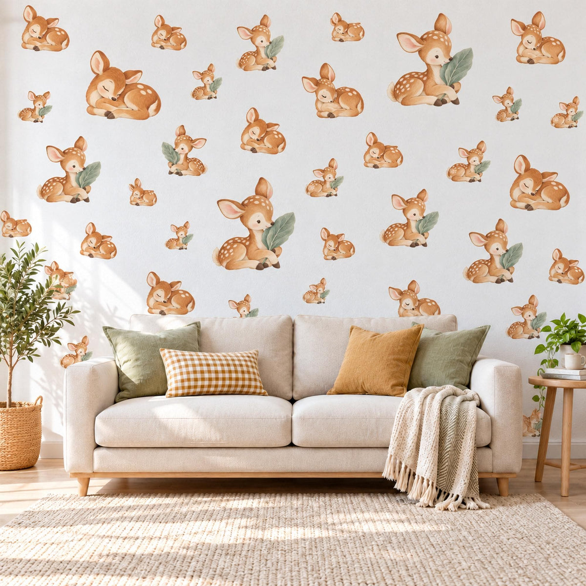 Deer Wall Stickers, Baby Fawn Woodland Nursery Decor, Sleeping Deer Wall Decals, Caramel Sage Neutral Kids Room Peel and Stick Wall Art