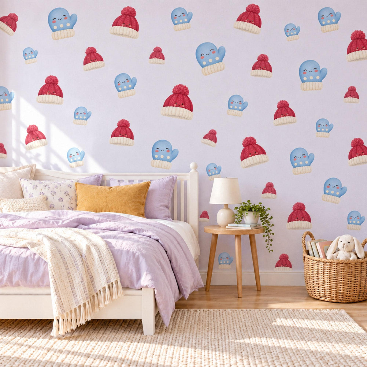 Winter Wall Stickers, Mitten and Bobble Hat Nursery Decor, Cute Christmas Wall Decals, Blue Red Kids Room Peel and Stick Wall Art