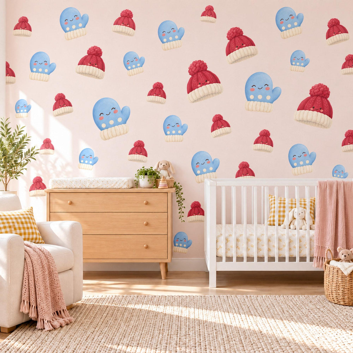 Winter Wall Stickers, Mitten and Bobble Hat Nursery Decor, Cute Christmas Wall Decals, Blue Red Kids Room Peel and Stick Wall Art