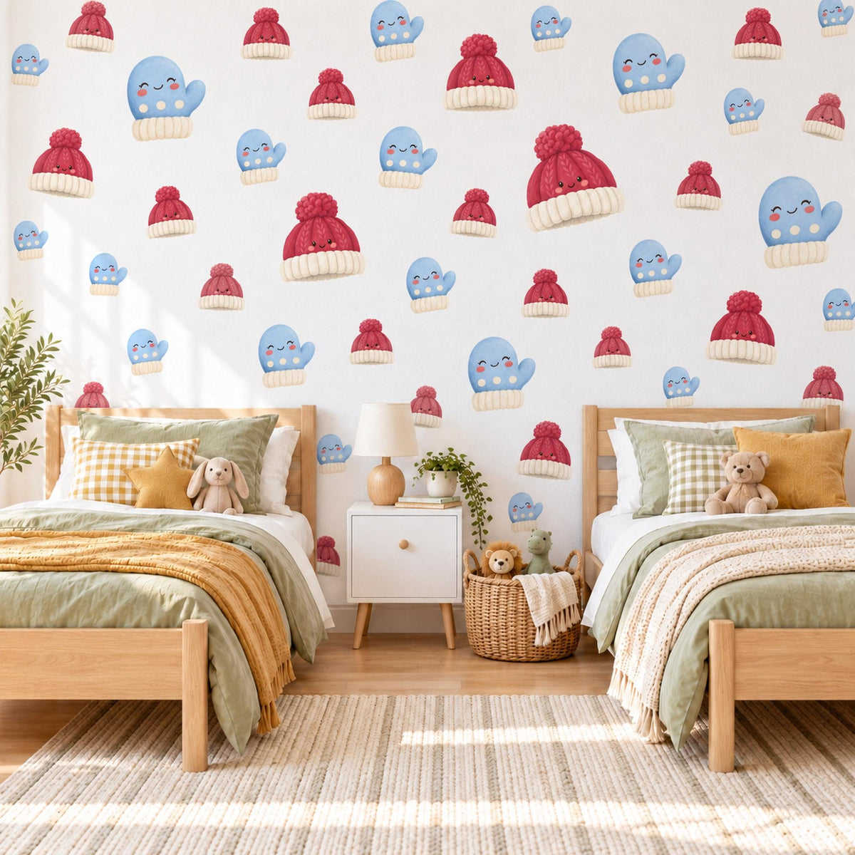 Winter Wall Stickers, Mitten and Bobble Hat Nursery Decor, Cute Christmas Wall Decals, Blue Red Kids Room Peel and Stick Wall Art