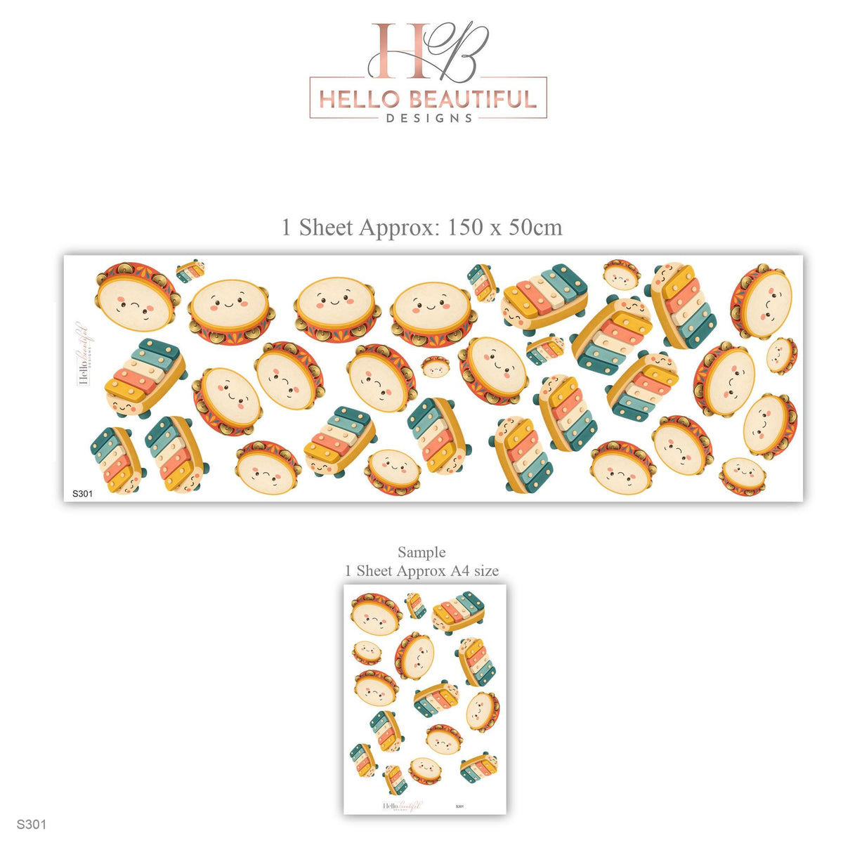 Music Wall Stickers, Musical Instrument Nursery Decor, Tambourine and Xylophone Wall Decals, Retro Teal Orange Kids Peel and Stick Art