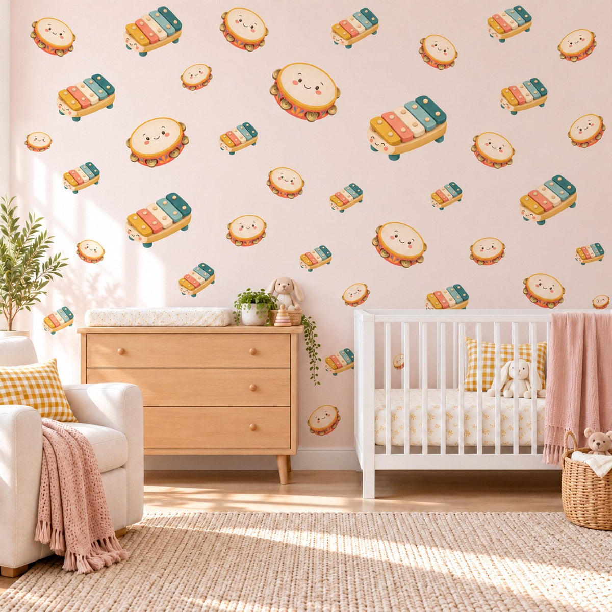 Music Wall Stickers, Musical Instrument Nursery Decor, Tambourine and Xylophone Wall Decals, Retro Teal Orange Kids Peel and Stick Art