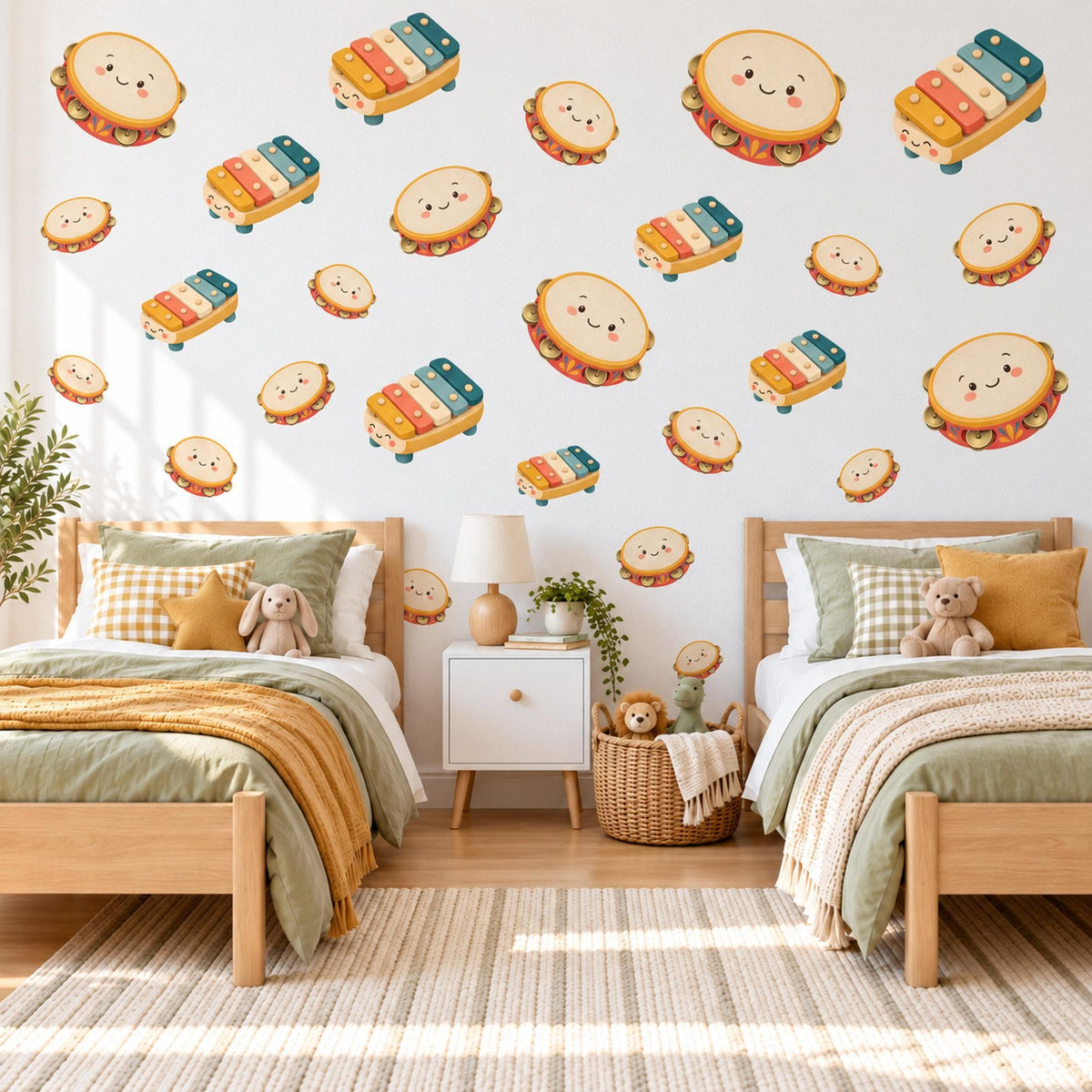 Music Wall Stickers, Musical Instrument Nursery Decor, Tambourine and Xylophone Wall Decals, Retro Teal Orange Kids Peel and Stick Art