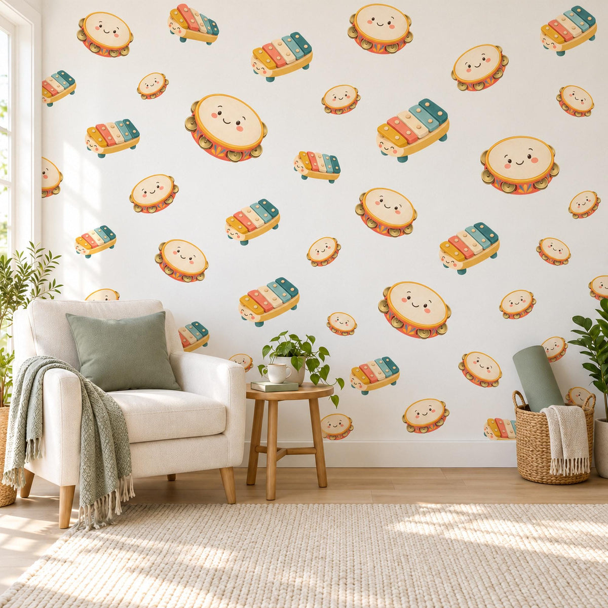 Music Wall Stickers, Musical Instrument Nursery Decor, Tambourine and Xylophone Wall Decals, Retro Teal Orange Kids Peel and Stick Art
