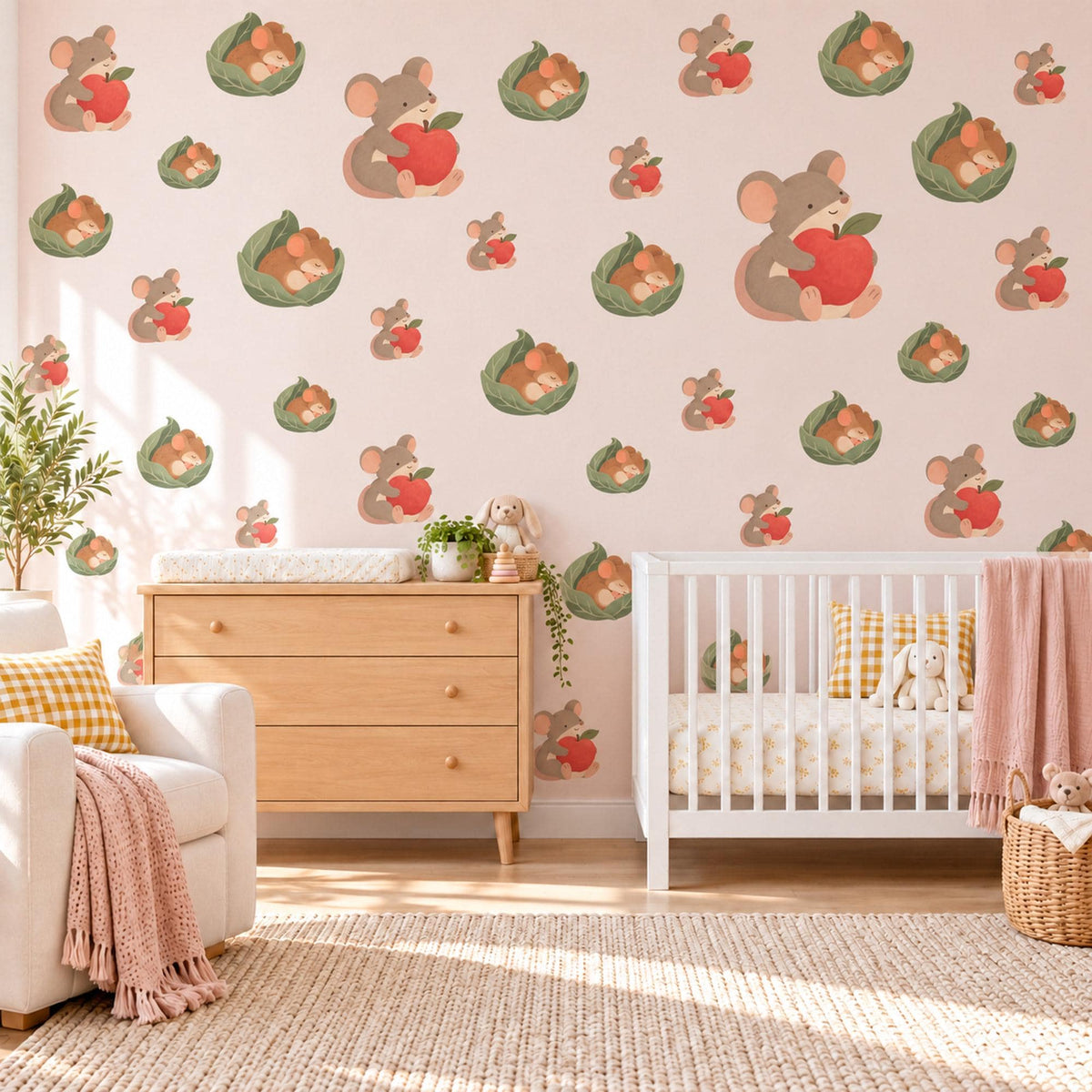 Mouse Wall Stickers, Field Mouse and Apple Nursery Decor, Cute Mice Woodland Wall Decals, Red Sage Neutral Kids Room Peel and Stick Art