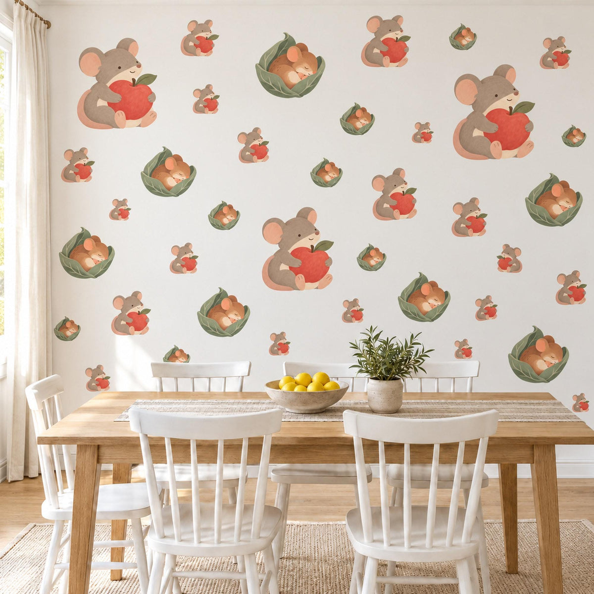 Mouse Wall Stickers, Field Mouse and Apple Nursery Decor, Cute Mice Woodland Wall Decals, Red Sage Neutral Kids Room Peel and Stick Art