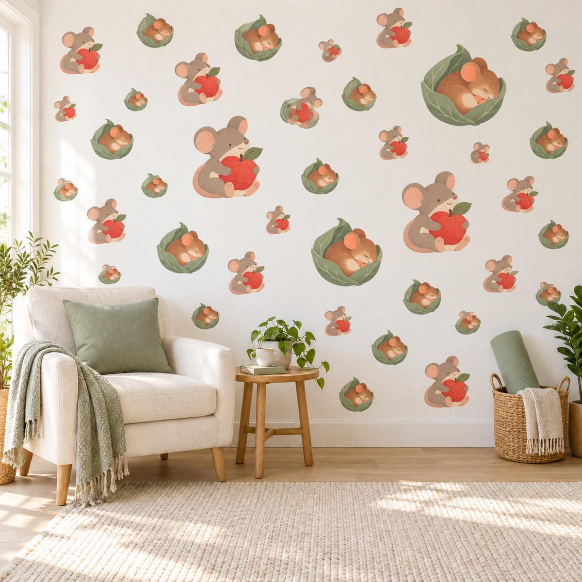 Mouse Wall Stickers, Field Mouse and Apple Nursery Decor, Cute Mice Woodland Wall Decals, Red Sage Neutral Kids Room Peel and Stick Art