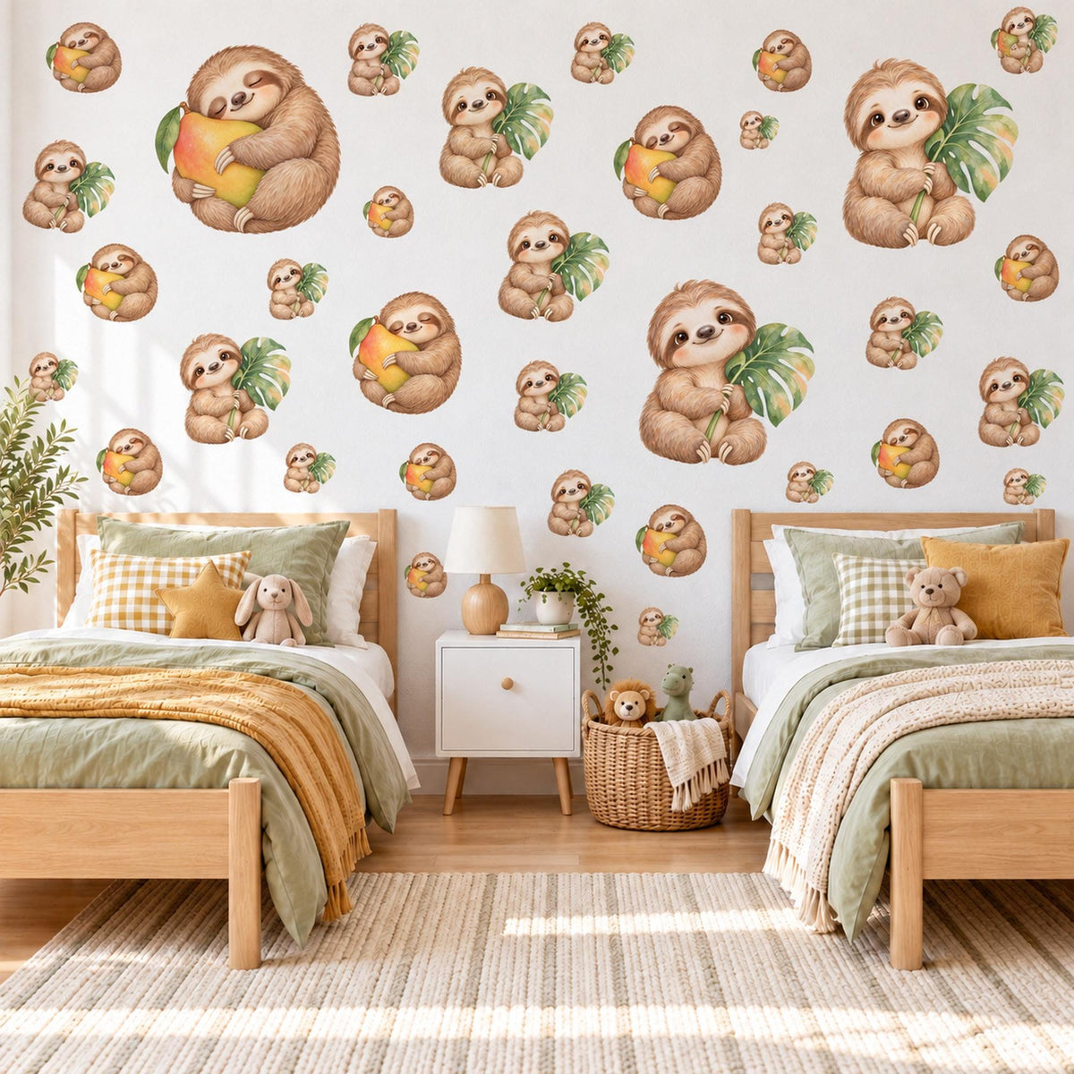Sloth Wall Stickers, Cute Sloth Jungle Nursery Decor, Sloths with Mangoes Wall Decals, Brown Green Tropical Kids Room Peel and Stick Art