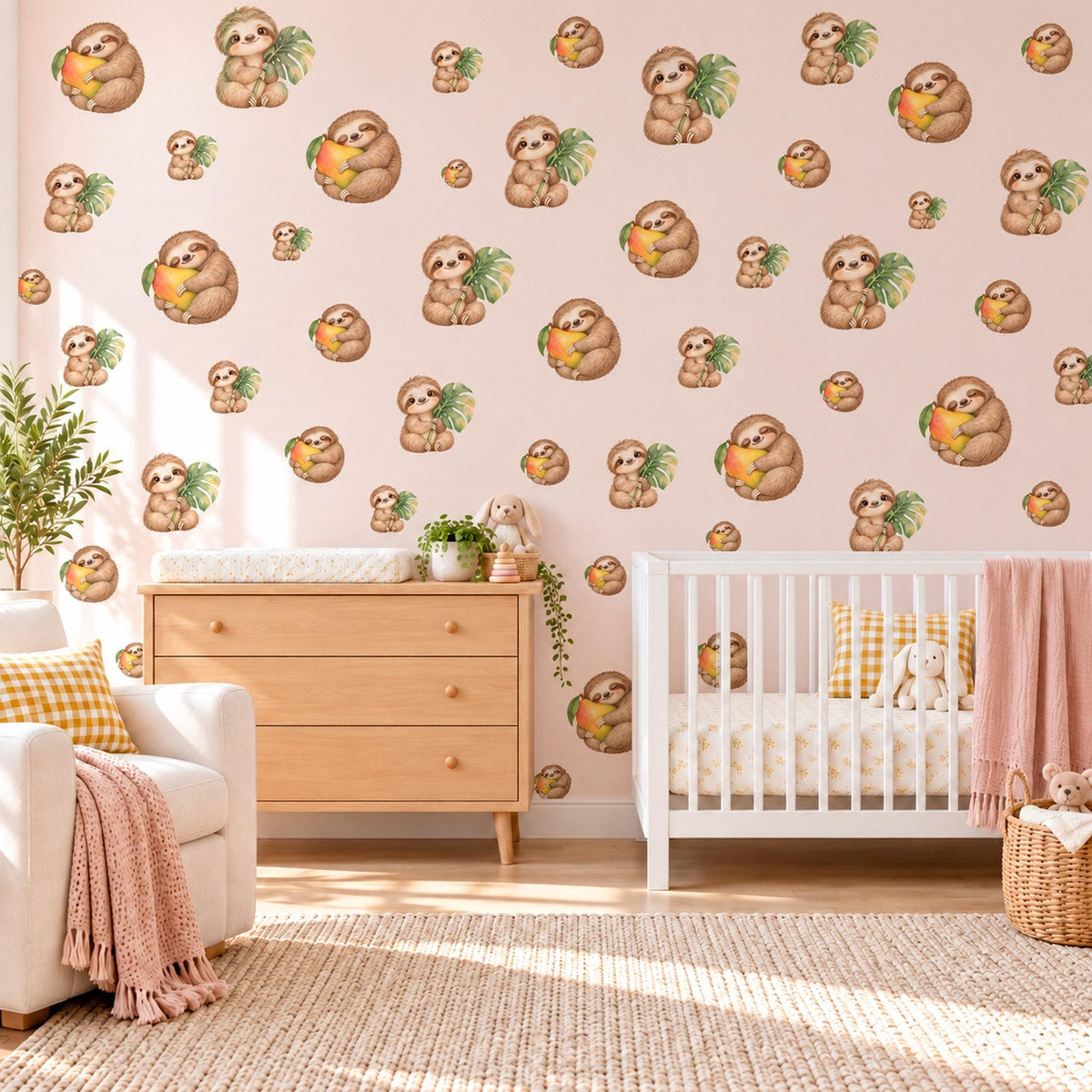 Sloth Wall Stickers, Cute Sloth Jungle Nursery Decor, Sloths with Mangoes Wall Decals, Brown Green Tropical Kids Room Peel and Stick Art