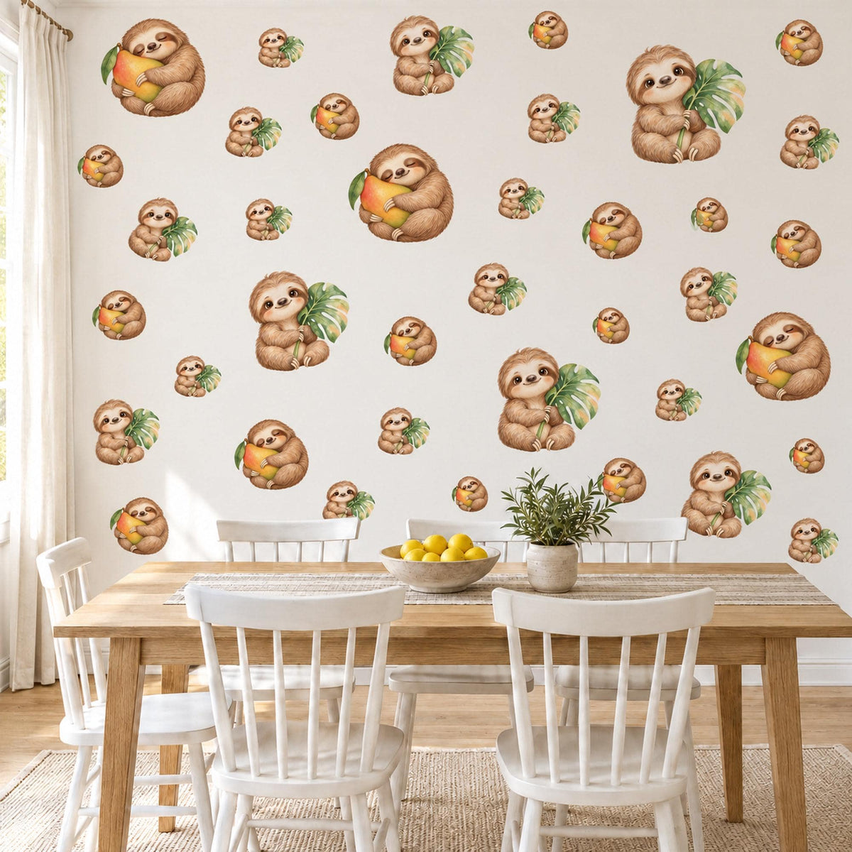 Sloth Wall Stickers, Cute Sloth Jungle Nursery Decor, Sloths with Mangoes Wall Decals, Brown Green Tropical Kids Room Peel and Stick Art