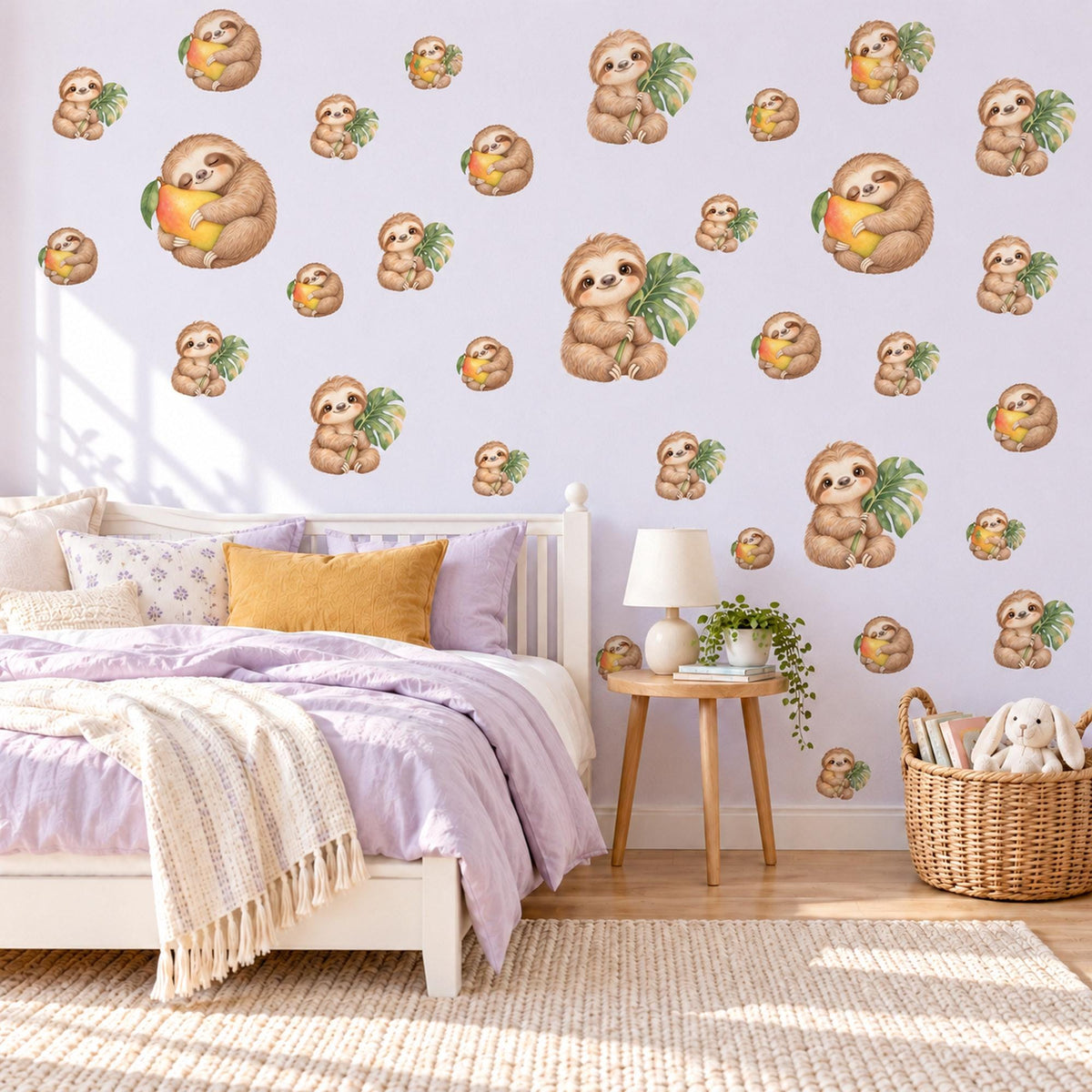 Sloth Wall Stickers, Cute Sloth Jungle Nursery Decor, Sloths with Mangoes Wall Decals, Brown Green Tropical Kids Room Peel and Stick Art