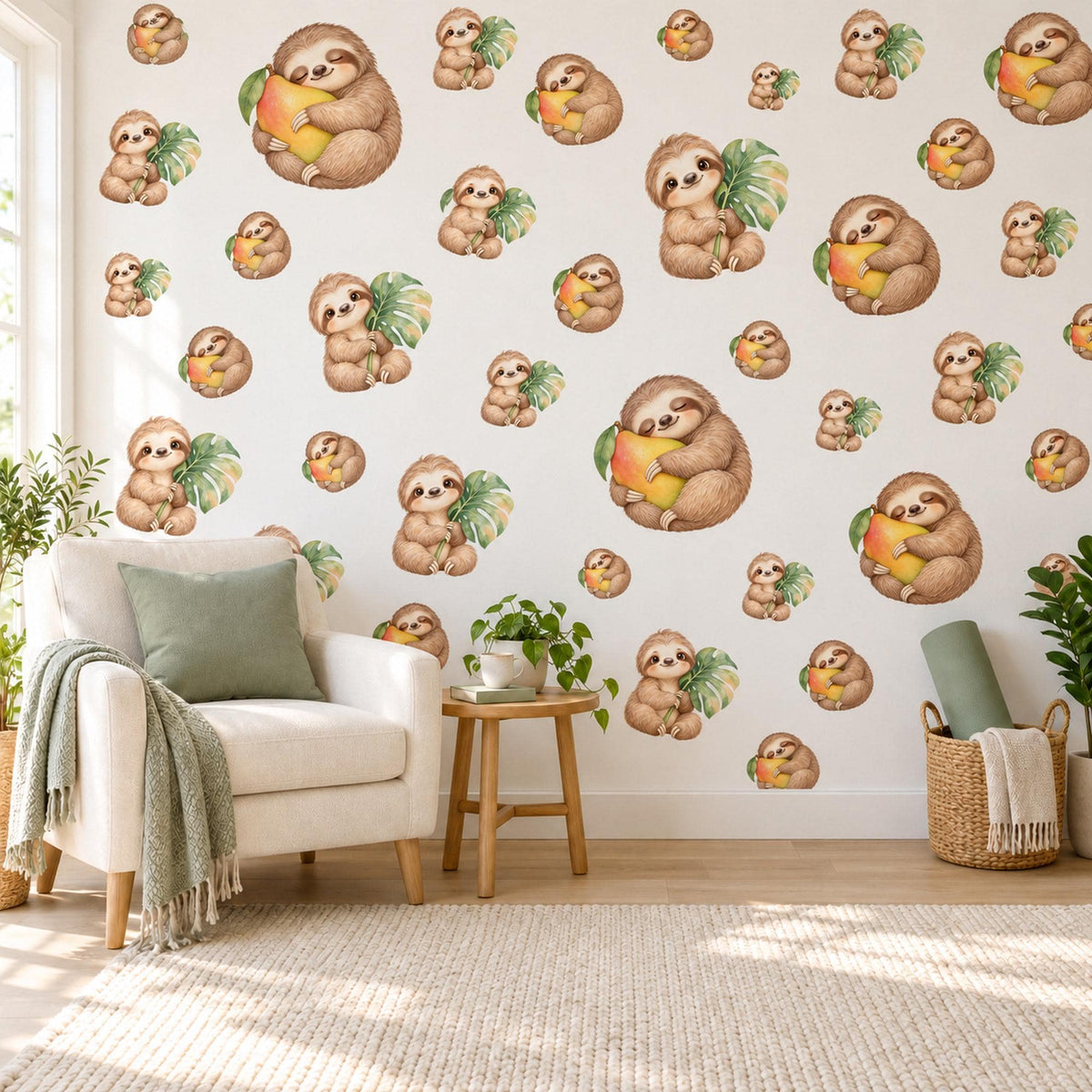 Sloth Wall Stickers, Cute Sloth Jungle Nursery Decor, Sloths with Mangoes Wall Decals, Brown Green Tropical Kids Room Peel and Stick Art