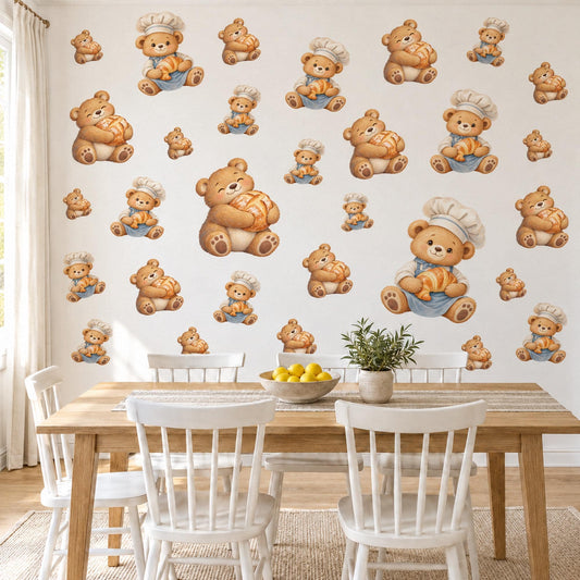 Teddy Bear Wall Stickers, Baker Bear Nursery Decor, Cute Bears with Bread Wall Decals, Caramel Blue Kids Room Peel and Stick Wall Art