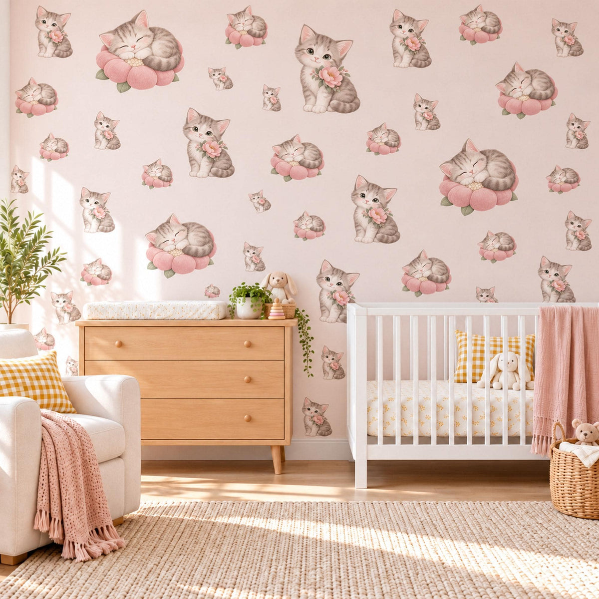 Kitten Wall Stickers, Cute Cat and Blossom Nursery Decor, Sleepy Kittens Wall Decals, Blush Pink Grey Girls Room Peel and Stick Wall Art