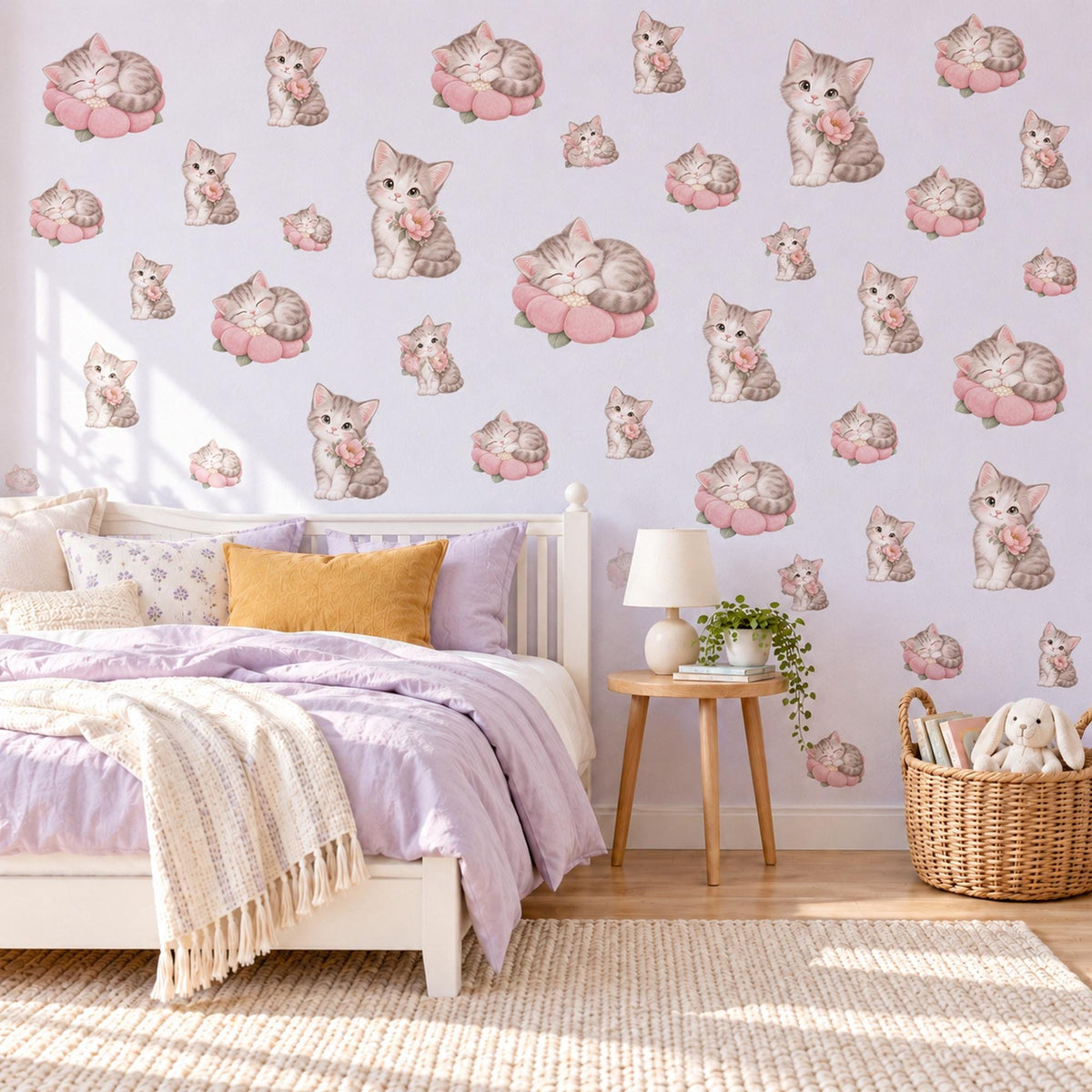 Kitten Wall Stickers, Cute Cat and Blossom Nursery Decor, Sleepy Kittens Wall Decals, Blush Pink Grey Girls Room Peel and Stick Wall Art