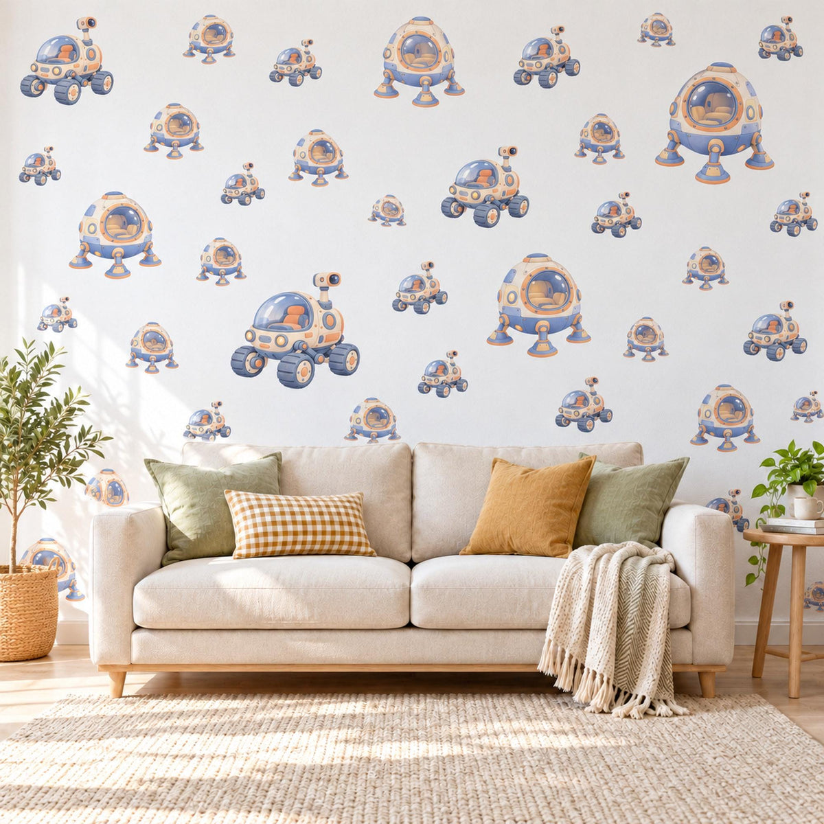 Space Rover Wall Stickers, Moon Lander Nursery Decor, Lunar Space Vehicle Wall Decals, Periwinkle Peach Kids Room Peel and Stick Wall Art