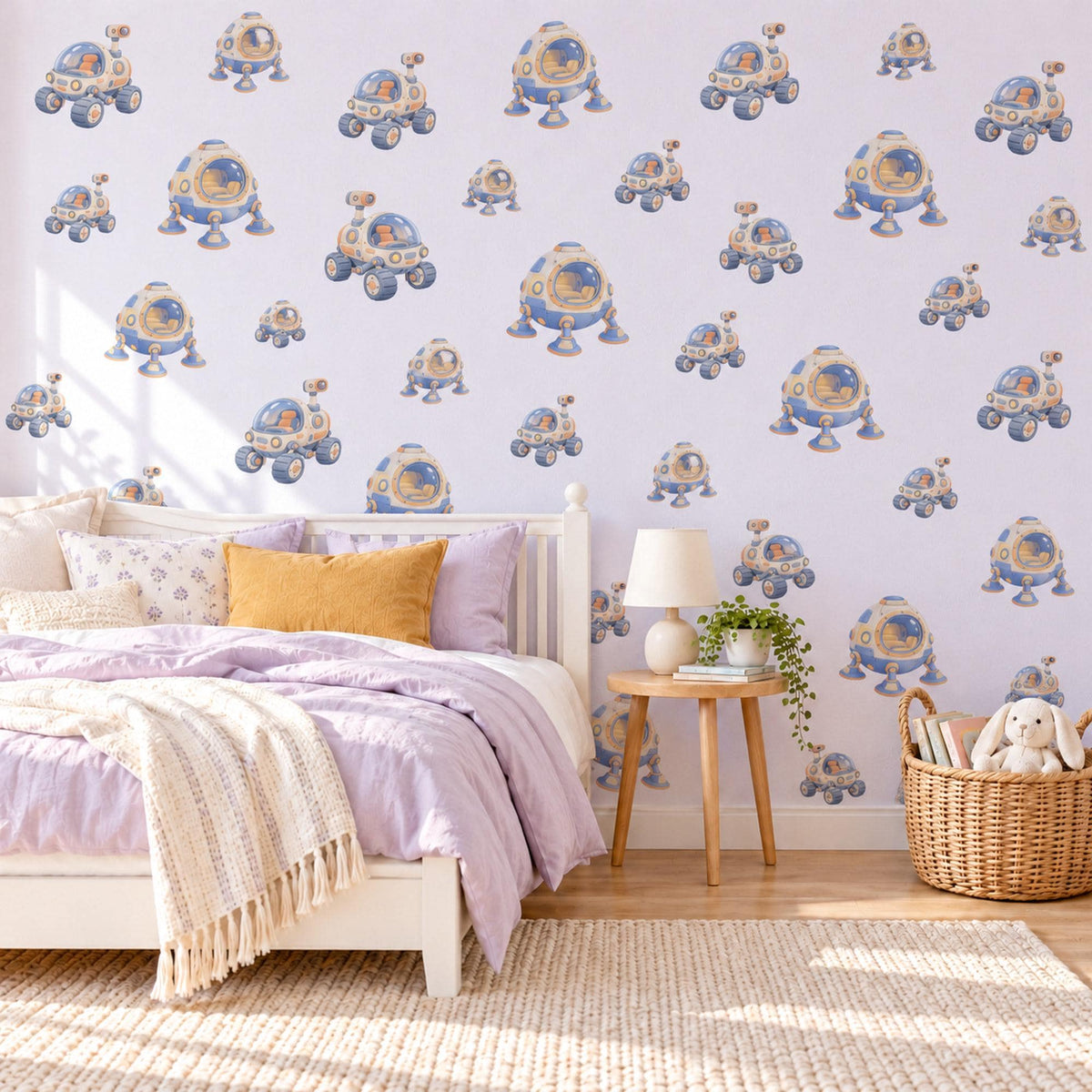 Space Rover Wall Stickers, Moon Lander Nursery Decor, Lunar Space Vehicle Wall Decals, Periwinkle Peach Kids Room Peel and Stick Wall Art