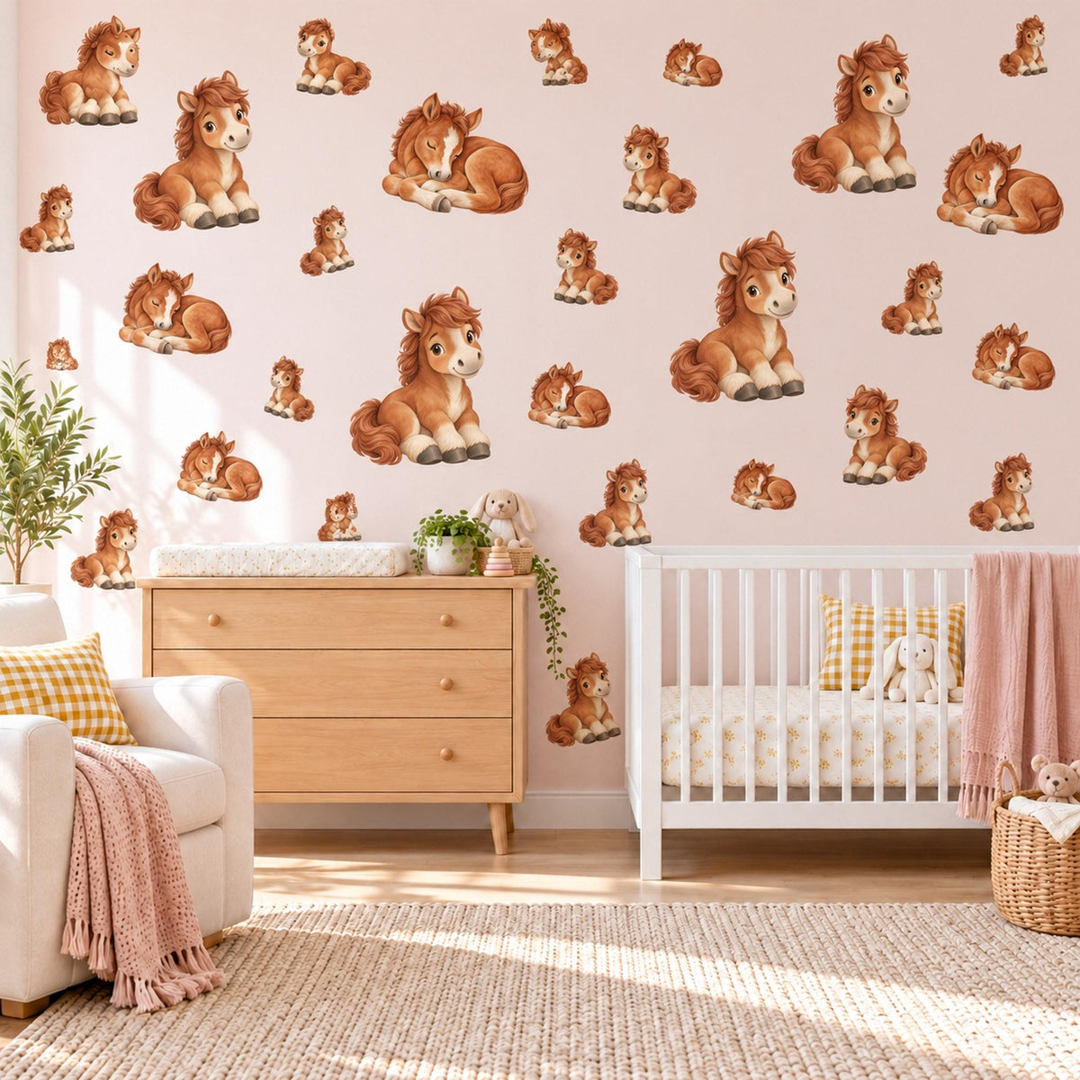 Pony Wall Stickers, Baby Horse Nursery Decor, Cute Chestnut Pony Wall Decals, Brown Neutral Farm Kids Room Peel and Stick Wall Art