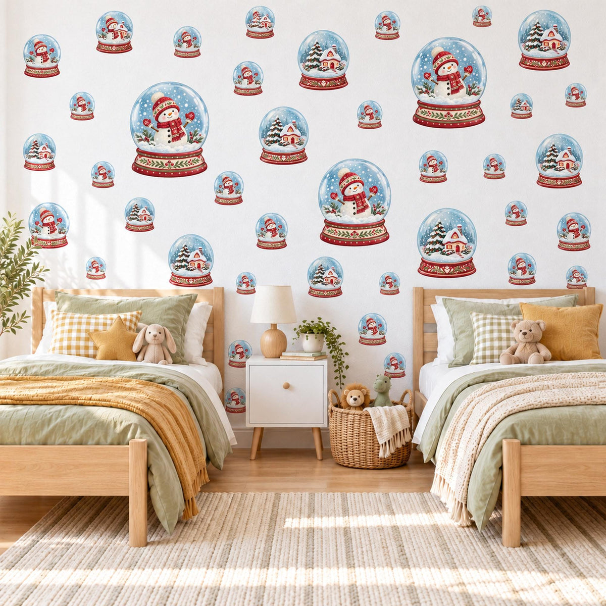 Christmas Wall Stickers, Snow Globe Nursery Decor, Snowman and Cottage Snow Globe Wall Decals, Red Blue Festive Kids Peel and Stick Wall Art