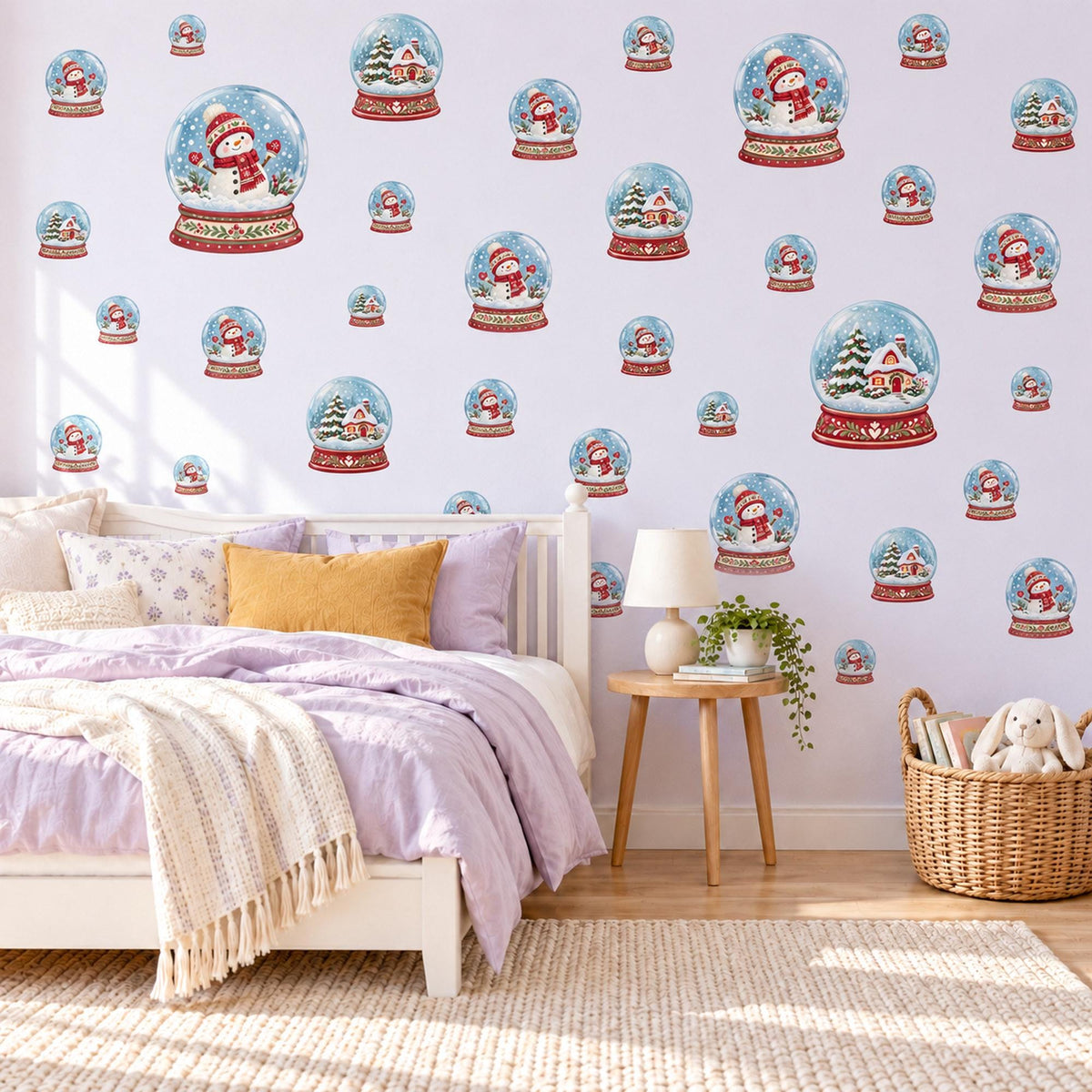 Christmas Wall Stickers, Snow Globe Nursery Decor, Snowman and Cottage Snow Globe Wall Decals, Red Blue Festive Kids Peel and Stick Wall Art