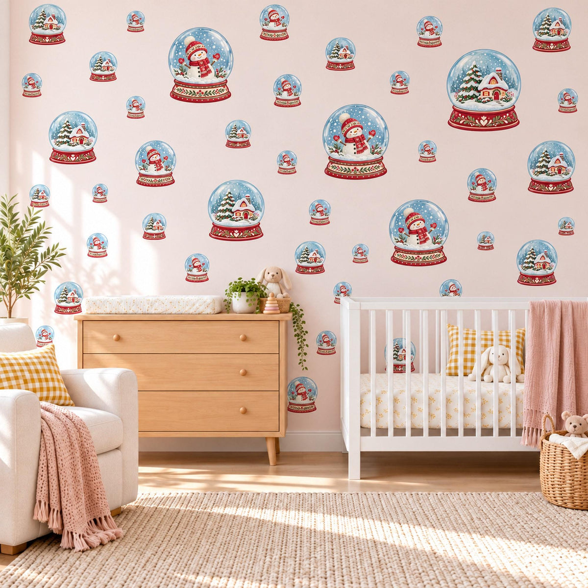 Christmas Wall Stickers, Snow Globe Nursery Decor, Snowman and Cottage Snow Globe Wall Decals, Red Blue Festive Kids Peel and Stick Wall Art