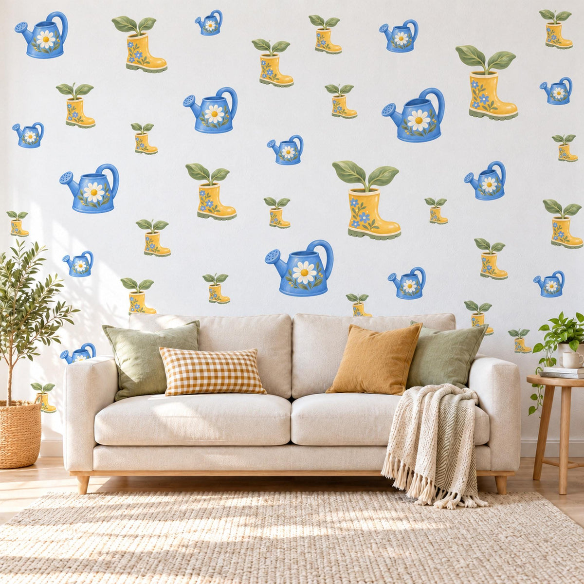 Garden Wall Stickers, Watering Can and Wellies Nursery Decor, Daisy Watering Can Wall Decals, Blue Yellow Kids Room Peel and Stick Wall Art