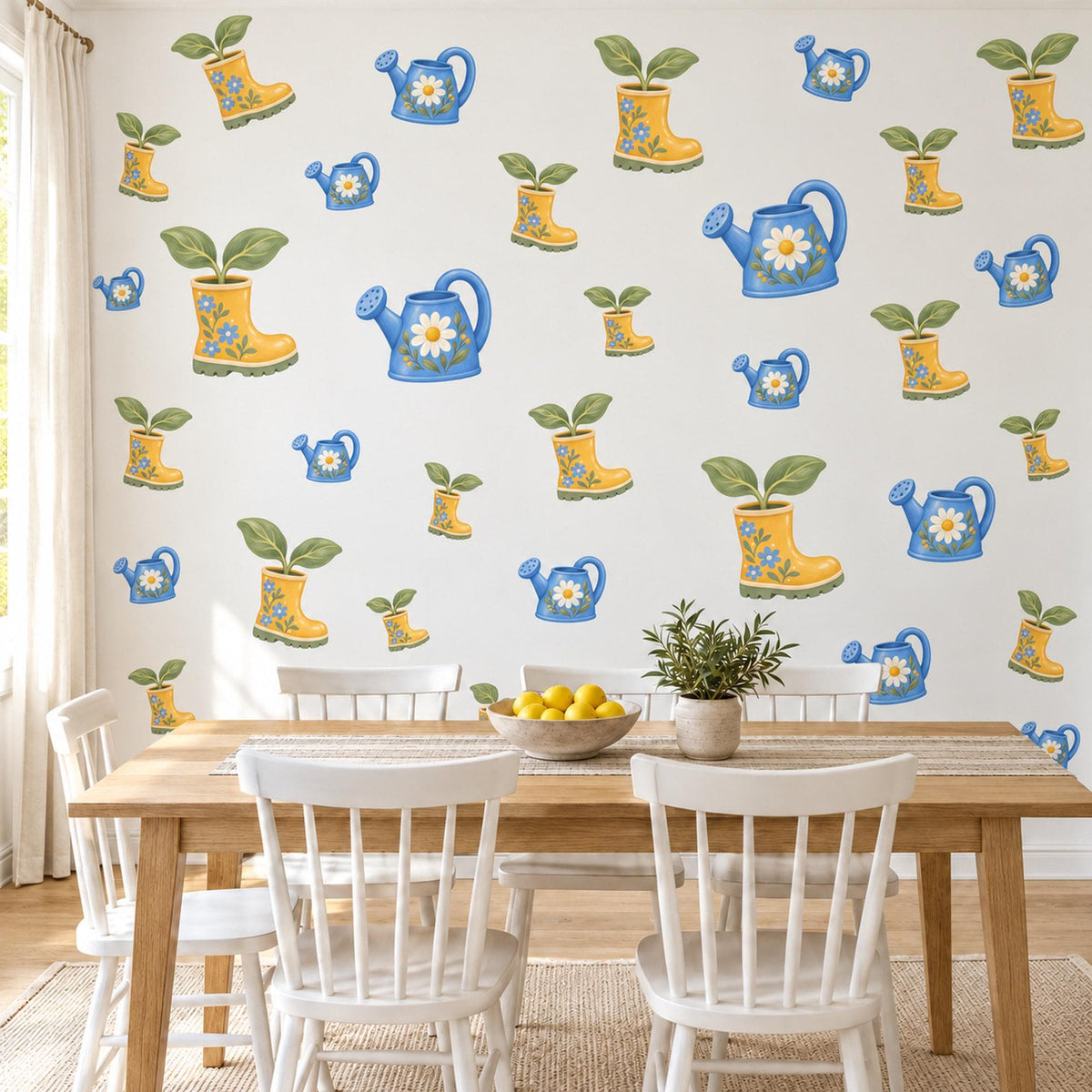 Garden Wall Stickers, Watering Can and Wellies Nursery Decor, Daisy Watering Can Wall Decals, Blue Yellow Kids Room Peel and Stick Wall Art