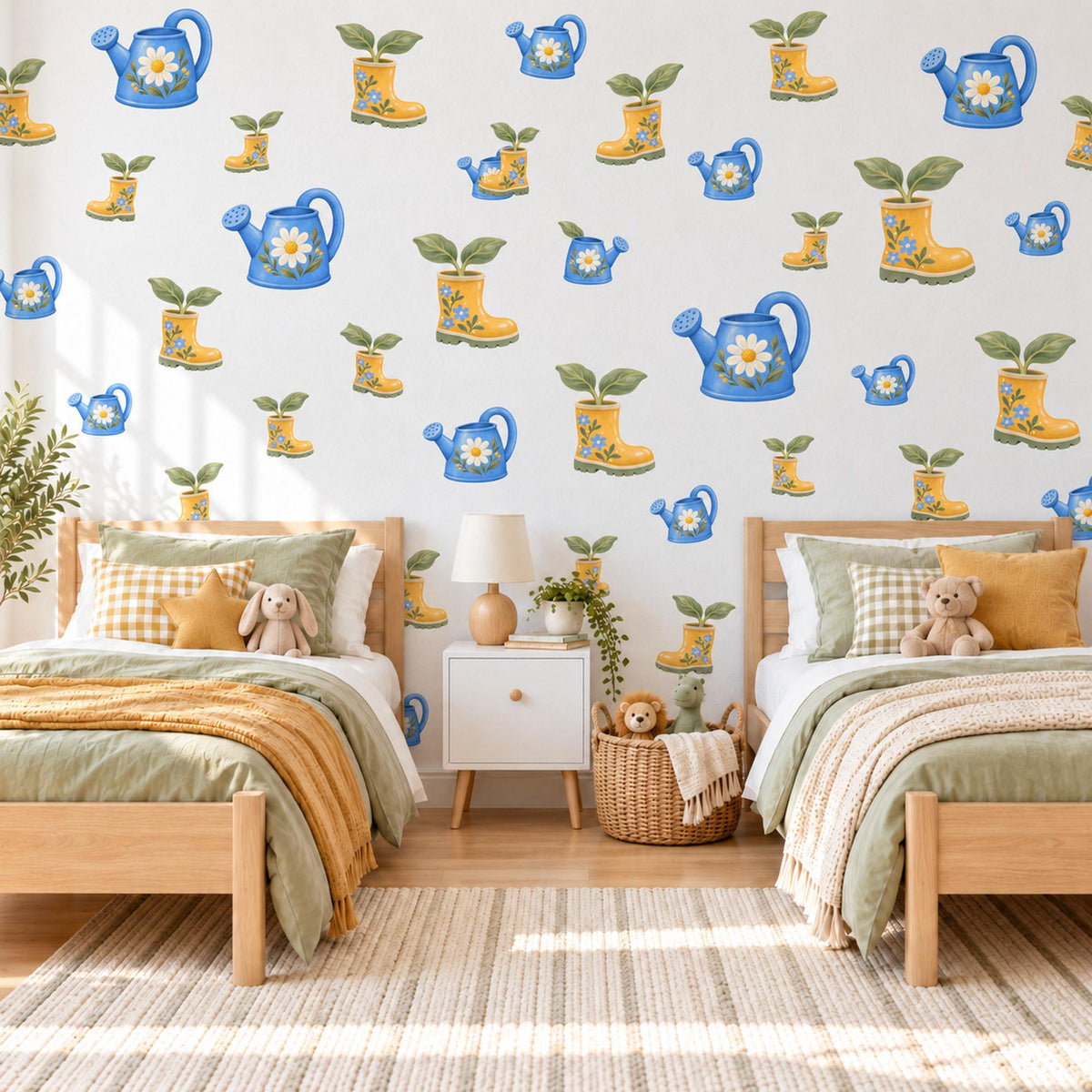 Garden Wall Stickers, Watering Can and Wellies Nursery Decor, Daisy Watering Can Wall Decals, Blue Yellow Kids Room Peel and Stick Wall Art