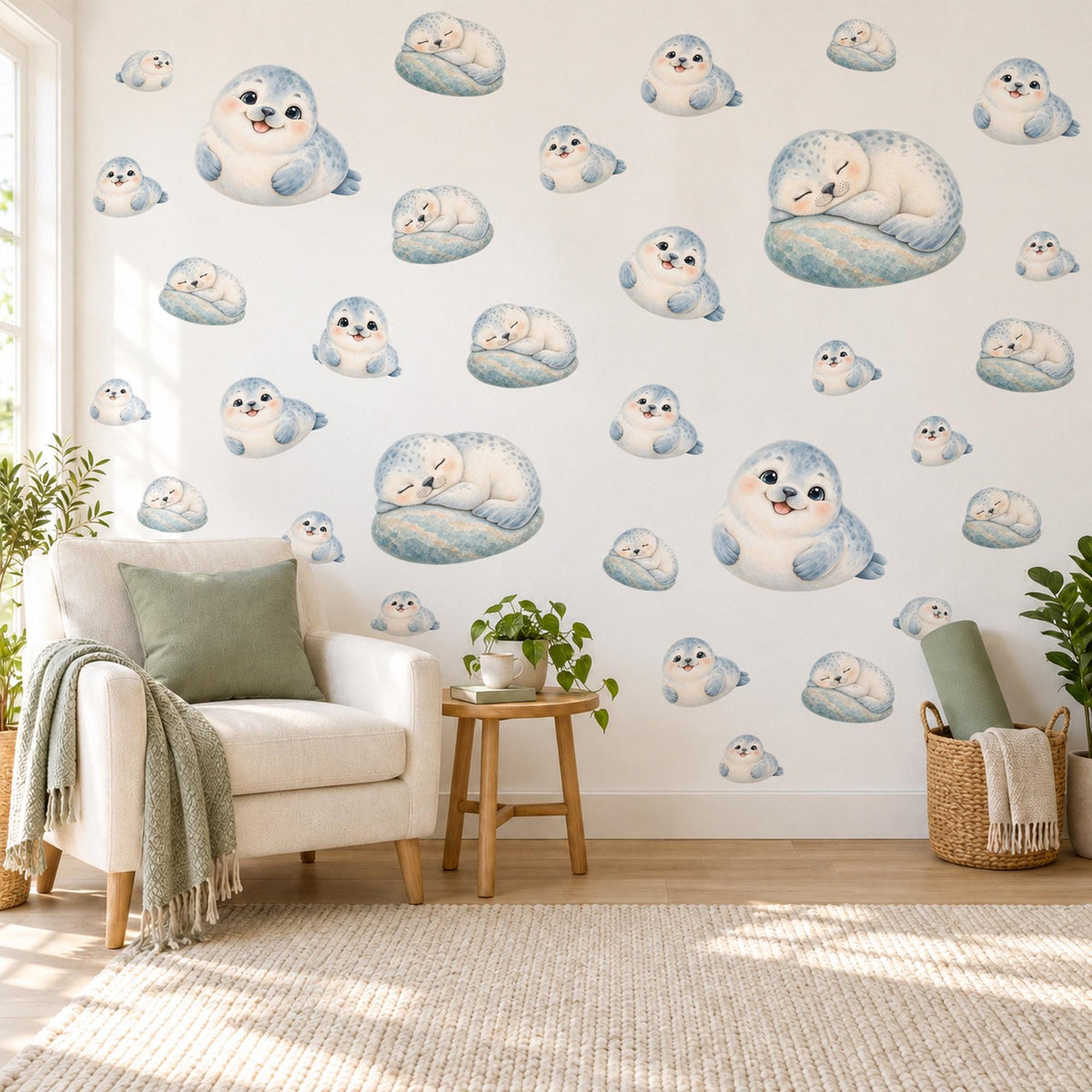 Seal Wall Stickers, Baby Seal Pup Nursery Decor, Cute Arctic Seal Wall Decals, Grey Blue Neutral Kids Room Peel and Stick Wall Art
