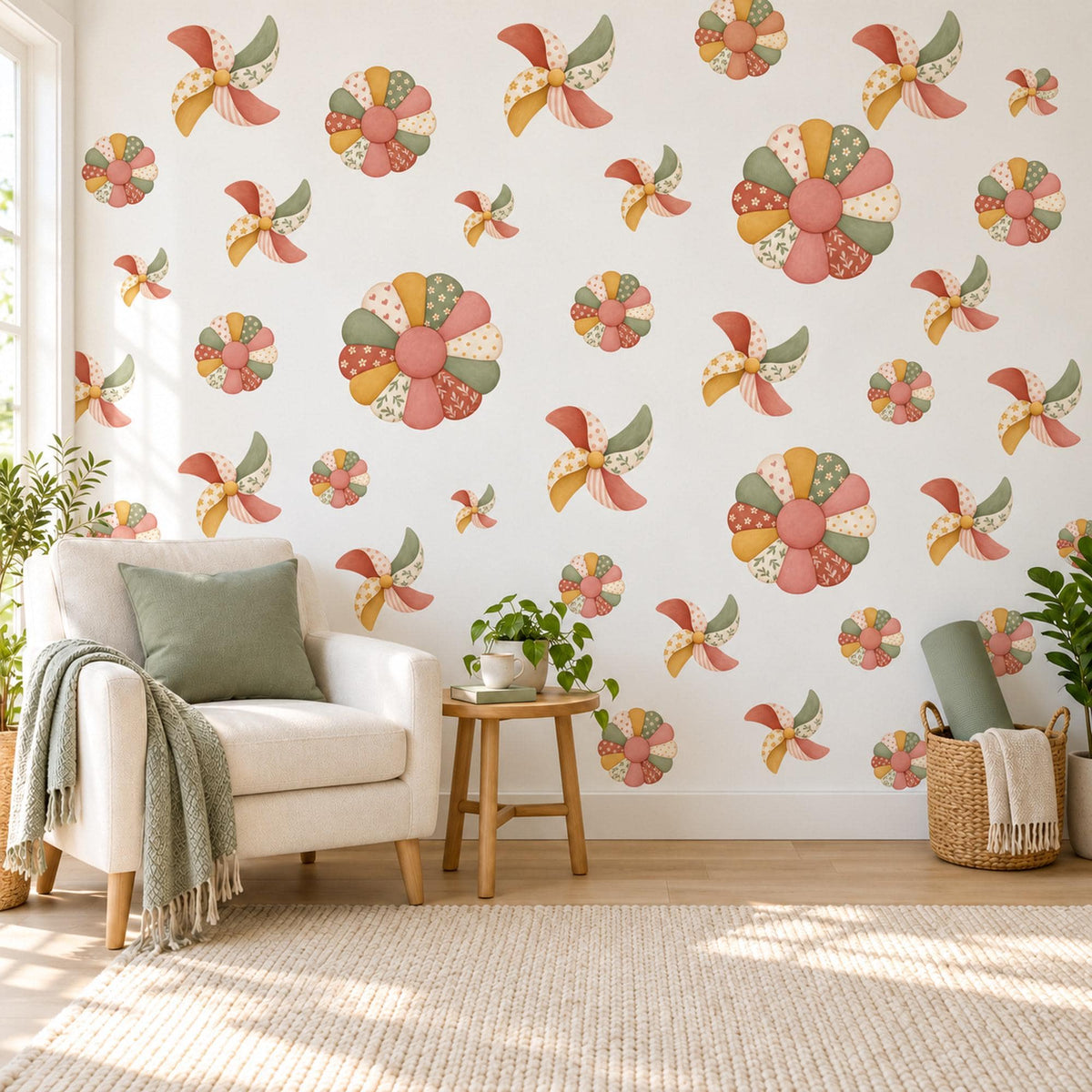 Pinwheel Wall Stickers, Boho Patchwork Nursery Decor, Quilt Flower and Pinwheel Wall Decals, Terracotta Sage Mustard Peel and Stick Art