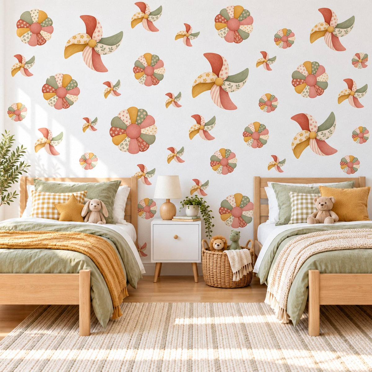 Pinwheel Wall Stickers, Boho Patchwork Nursery Decor, Quilt Flower and Pinwheel Wall Decals, Terracotta Sage Mustard Peel and Stick Art