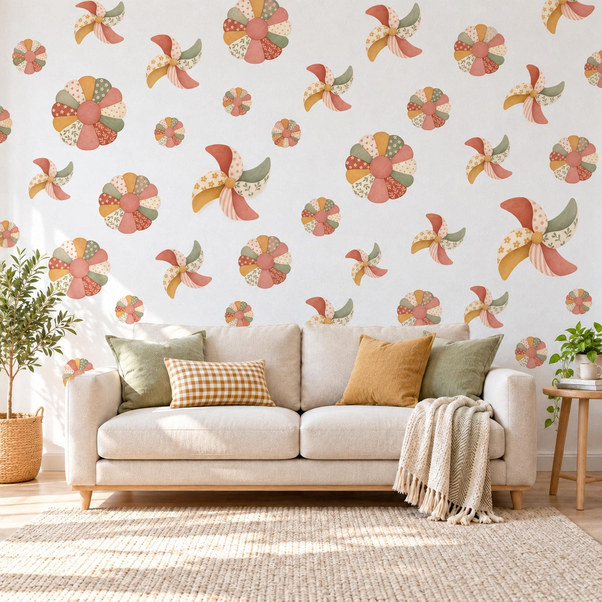 Pinwheel Wall Stickers, Boho Patchwork Nursery Decor, Quilt Flower and Pinwheel Wall Decals, Terracotta Sage Mustard Peel and Stick Art