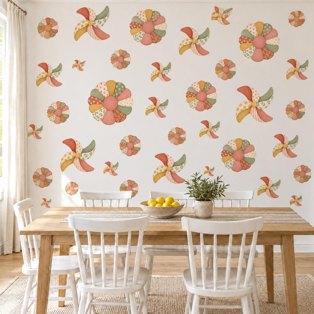 Pinwheel Wall Stickers, Boho Patchwork Nursery Decor, Quilt Flower and Pinwheel Wall Decals, Terracotta Sage Mustard Peel and Stick Art