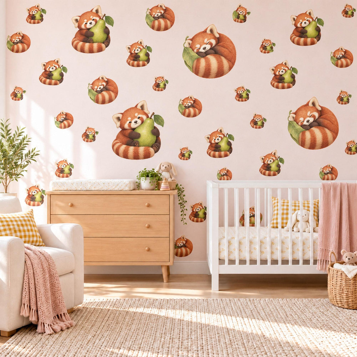 Red Panda Wall Stickers, Cute Red Panda Nursery Decor, Sleepy Red Pandas with Pears Wall Decals, Rust Green Kids Room Peel and Stick Art