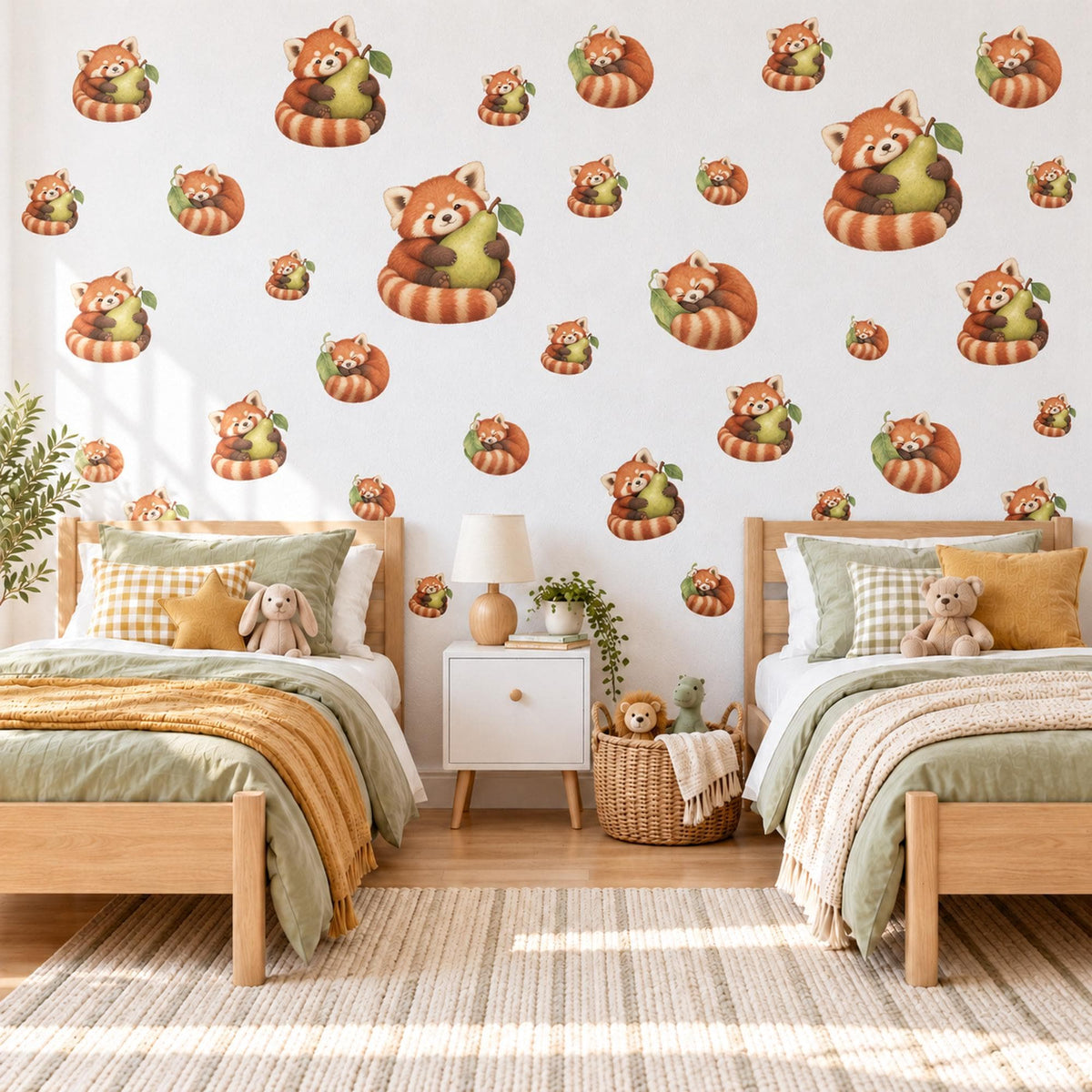 Red Panda Wall Stickers, Cute Red Panda Nursery Decor, Sleepy Red Pandas with Pears Wall Decals, Rust Green Kids Room Peel and Stick Art