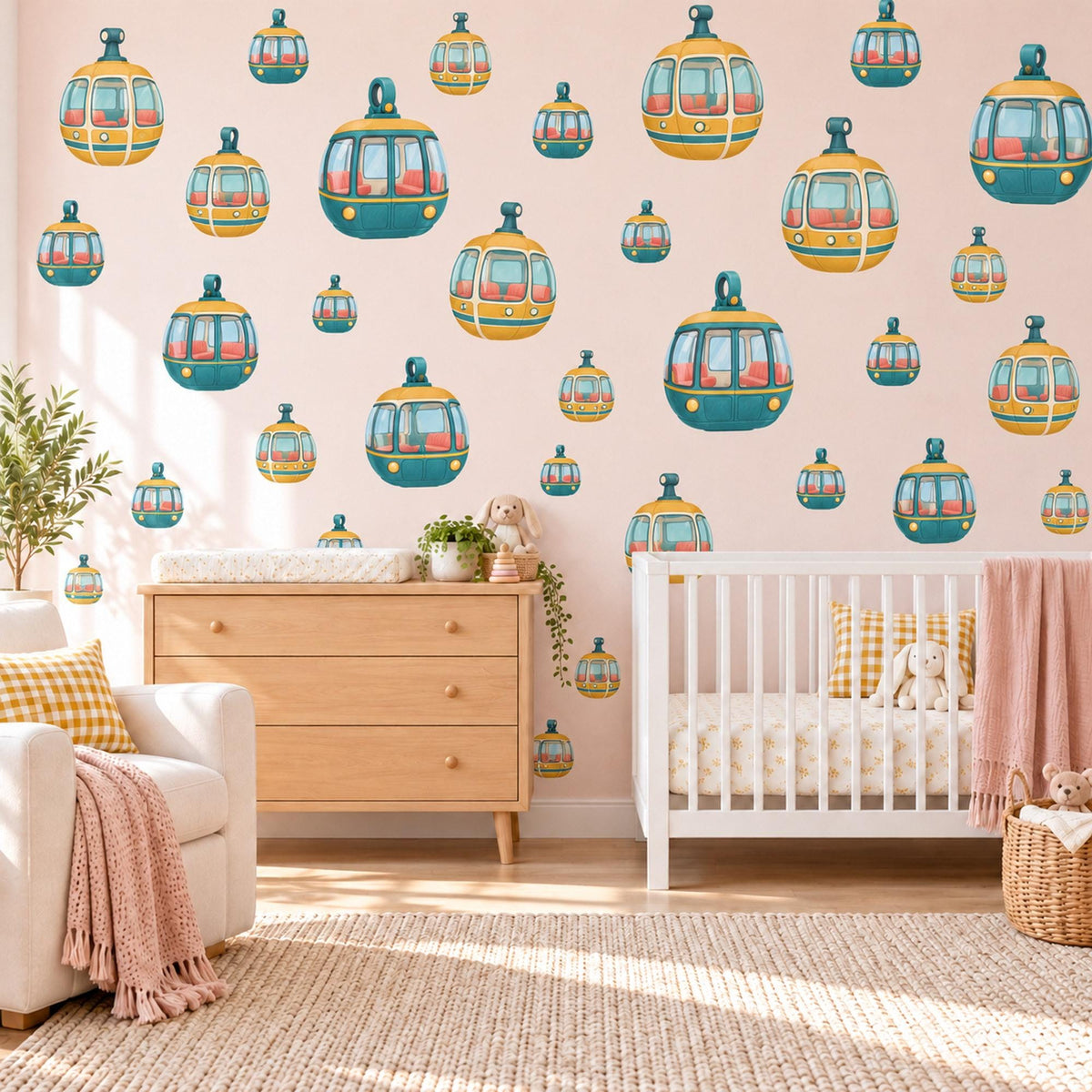 Cable Car Wall Stickers, Retro Gondola Nursery Decor, Mountain Cable Car Wall Decals, Teal Mustard Kids Room Peel and Stick Wall Art