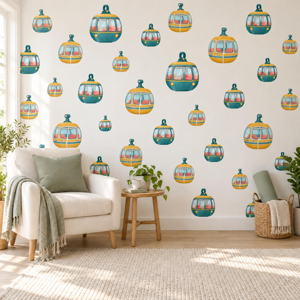 Cable Car Wall Stickers, Retro Gondola Nursery Decor, Mountain Cable Car Wall Decals, Teal Mustard Kids Room Peel and Stick Wall Art