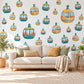 Cable Car Wall Stickers, Retro Gondola Nursery Decor, Mountain Cable Car Wall Decals, Teal Mustard Kids Room Peel and Stick Wall Art