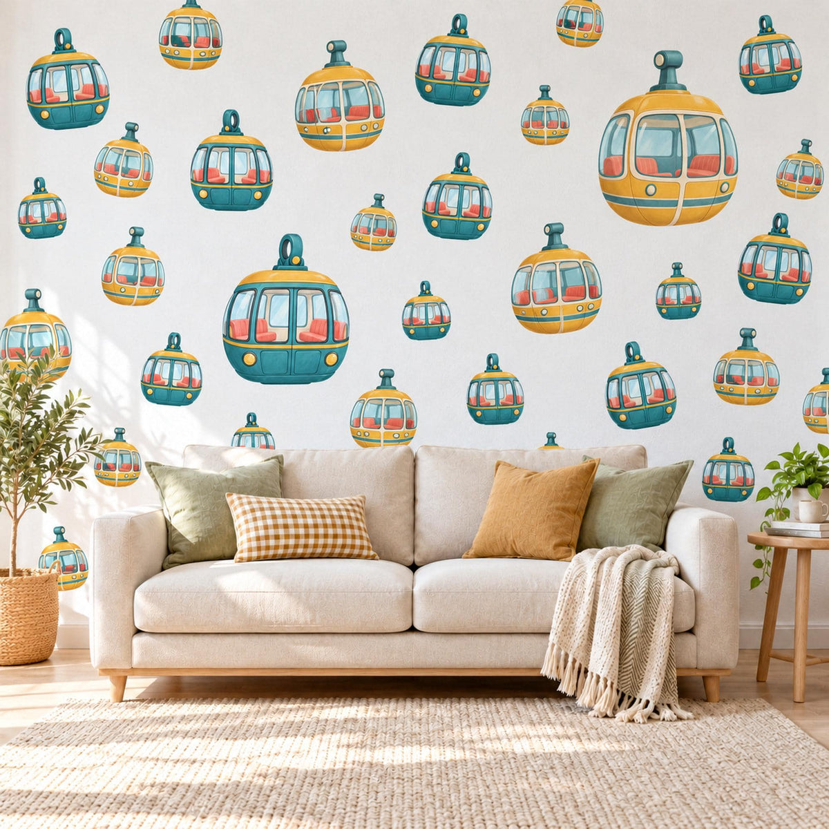 Cable Car Wall Stickers, Retro Gondola Nursery Decor, Mountain Cable Car Wall Decals, Teal Mustard Kids Room Peel and Stick Wall Art
