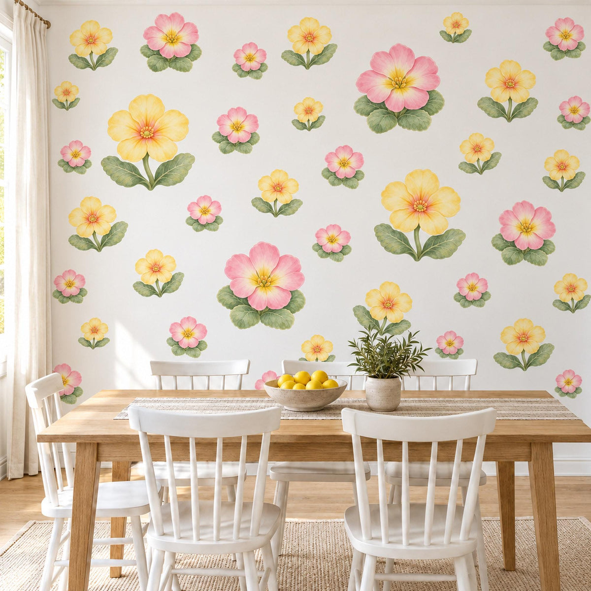 Primrose Wall Stickers, Spring Flower Nursery Decor, Pink Yellow Primrose Wall Decals, Floral Girls Kids Room Peel and Stick Wall Art