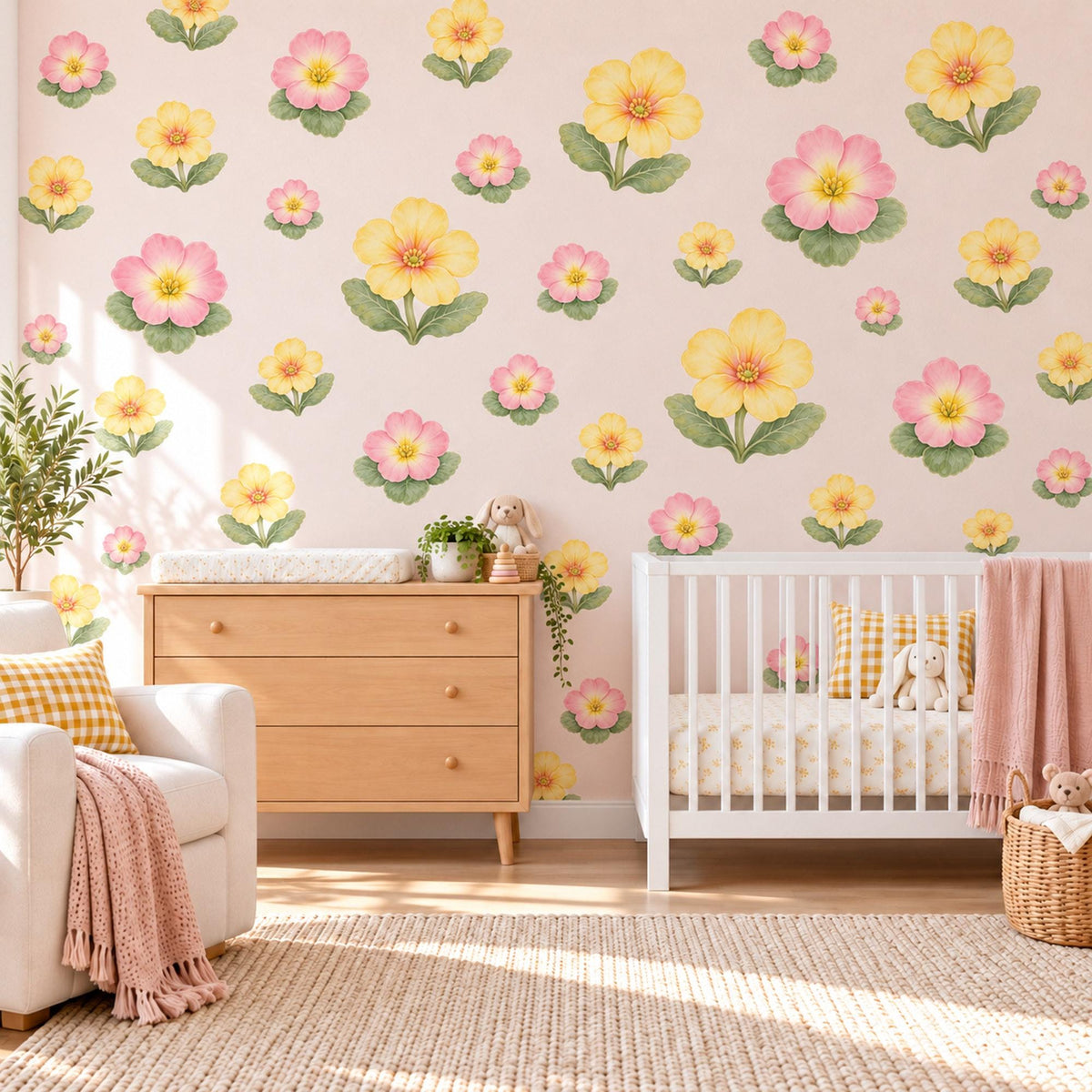 Primrose Wall Stickers, Spring Flower Nursery Decor, Pink Yellow Primrose Wall Decals, Floral Girls Kids Room Peel and Stick Wall Art