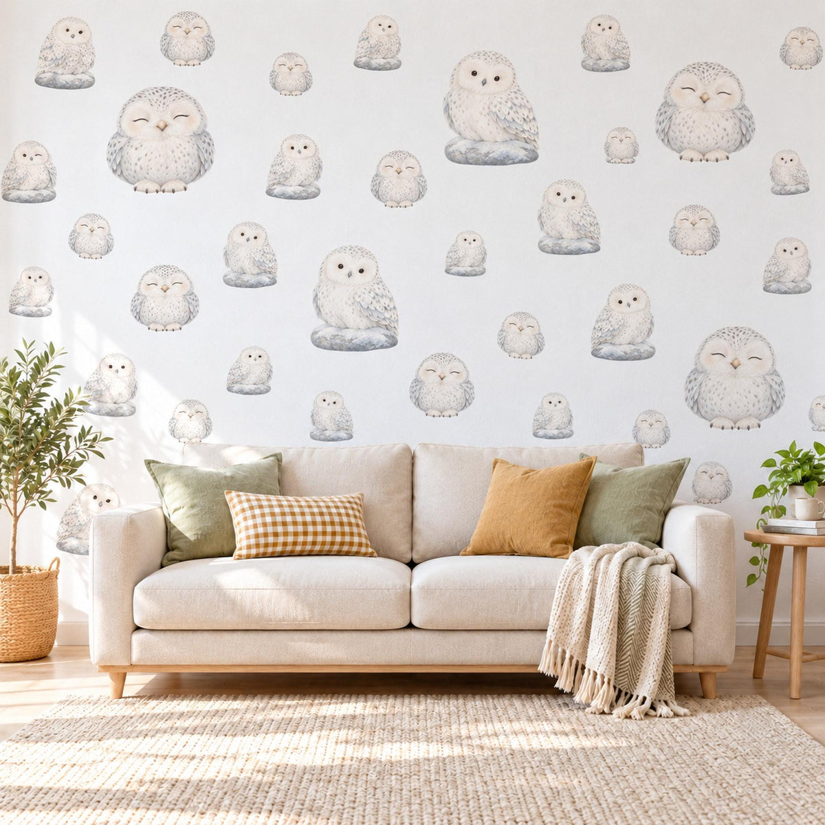 Owl Wall Stickers, Snowy Owl Nursery Decor, Cute Sleepy Owls Wall Decals, Grey White Neutral Woodland Kids Room Peel and Stick Wall Art