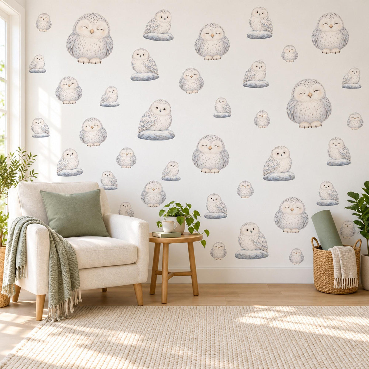 Owl Wall Stickers, Snowy Owl Nursery Decor, Cute Sleepy Owls Wall Decals, Grey White Neutral Woodland Kids Room Peel and Stick Wall Art