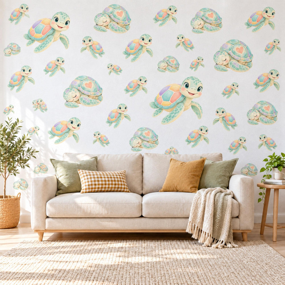 Sea Turtle Wall Stickers, Rainbow Turtle Nursery Decor, Cute Ocean Turtle Wall Decals, Pastel Mint Kids Room Peel and Stick Wall Art