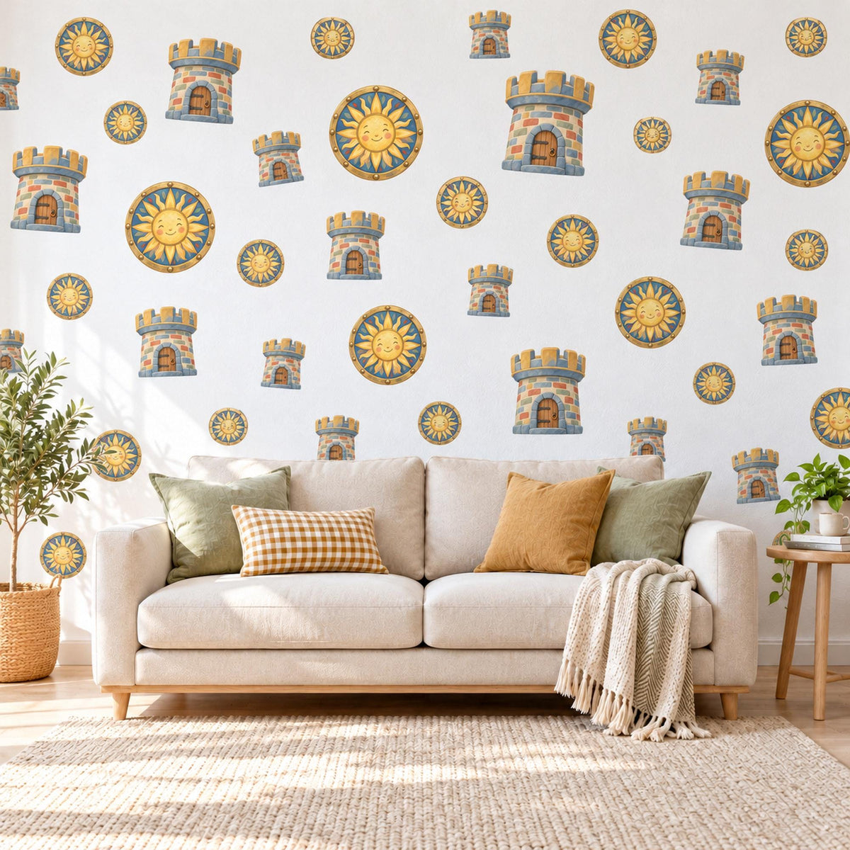 Castle Wall Stickers, Knight Shield Nursery Decor, Sun Shield and Castle Tower Wall Decals, Blue Gold Boys Room Peel and Stick Wall Art