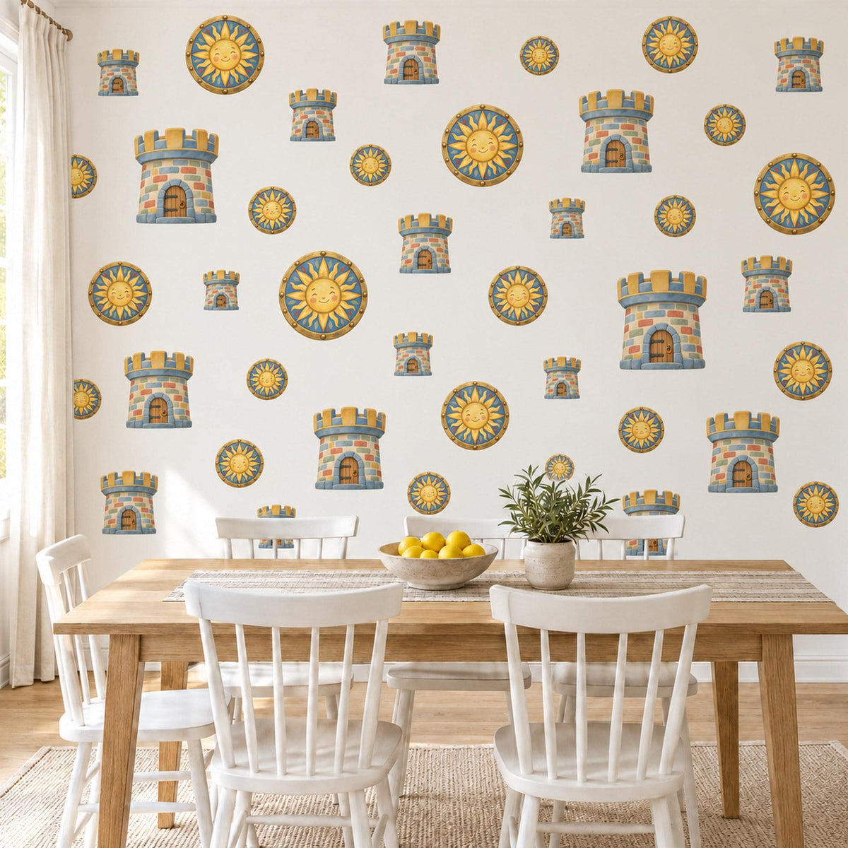 Castle Wall Stickers, Knight Shield Nursery Decor, Sun Shield and Castle Tower Wall Decals, Blue Gold Boys Room Peel and Stick Wall Art