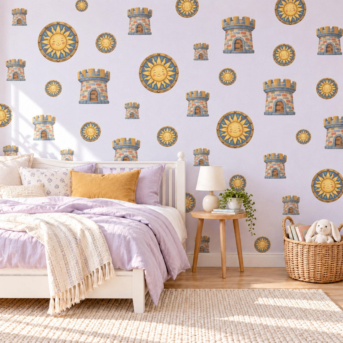 Castle Wall Stickers, Knight Shield Nursery Decor, Sun Shield and Castle Tower Wall Decals, Blue Gold Boys Room Peel and Stick Wall Art