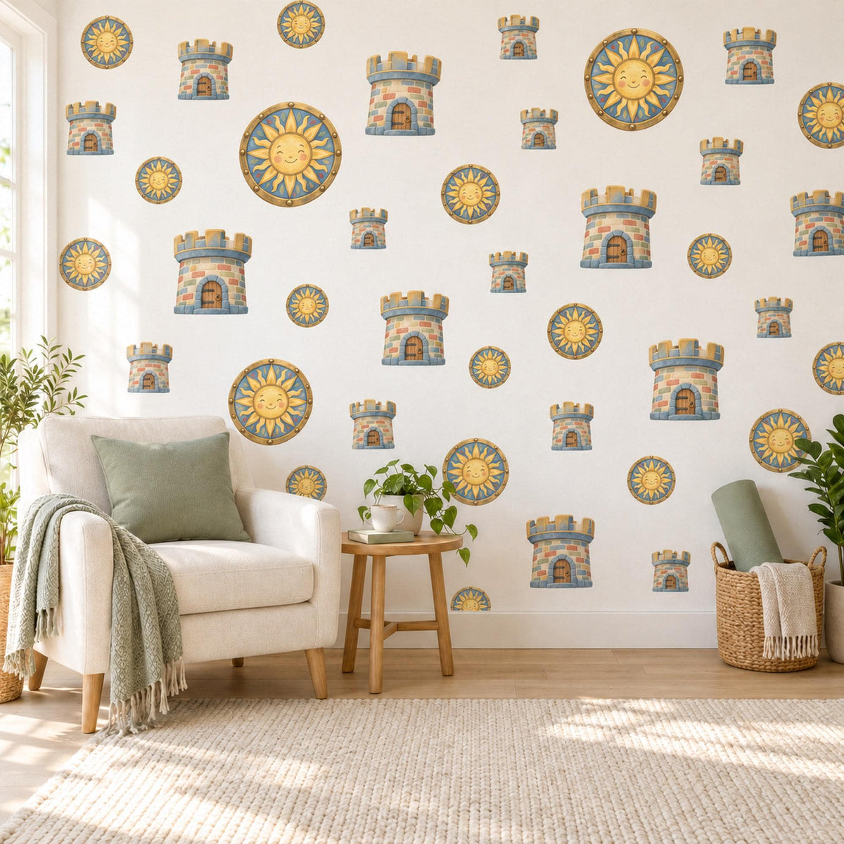 Castle Wall Stickers, Knight Shield Nursery Decor, Sun Shield and Castle Tower Wall Decals, Blue Gold Boys Room Peel and Stick Wall Art